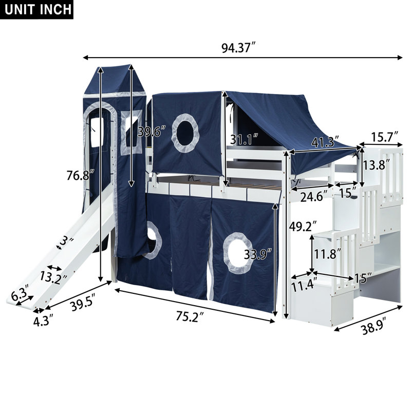 Lit mezzanine simple avec tente et tour, Bleu