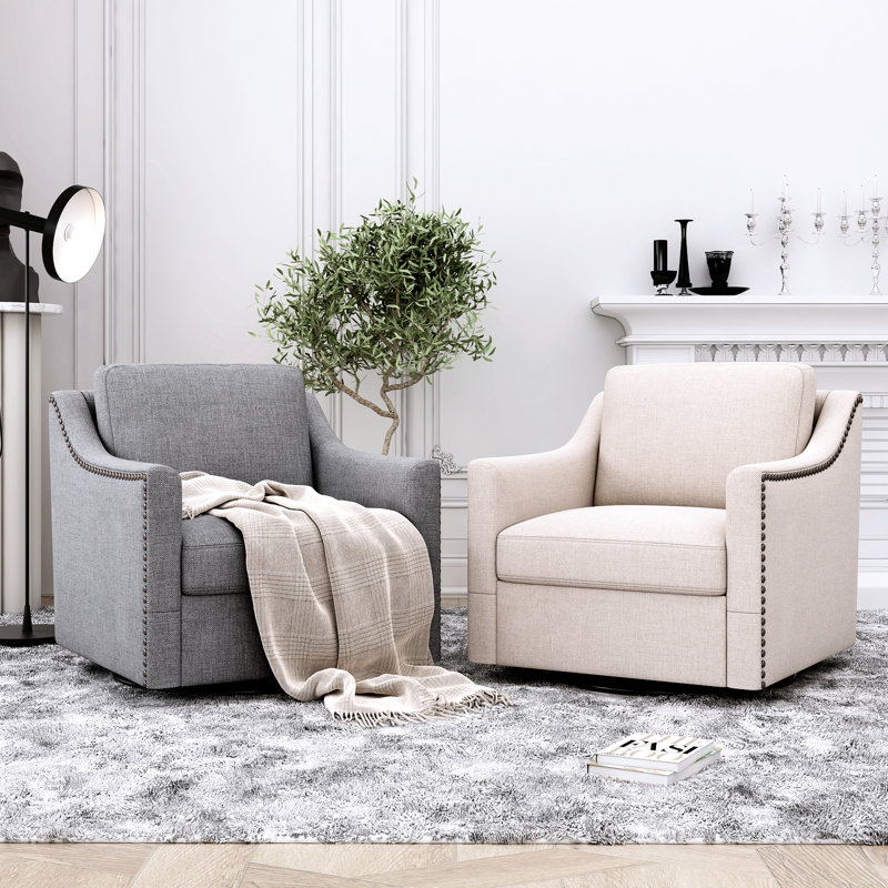 360 Degree Swivel Living Room Chair With Cotton Linen Cover And Metal Base Wooden Legs Grey