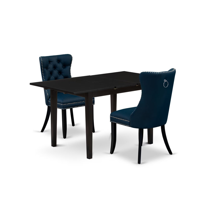 3-Piece Kitchen Table Set Includes a Rectangle Dining Table with Butterfly Leaf and 2 Navy Blue Polyester Fabric Chairs, 32x54 Inch, Black