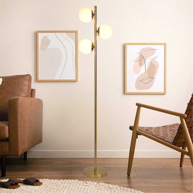 Brilliance Modern Gold Brush Floor Lamp, Opal Glass Shades And Round Metal Base