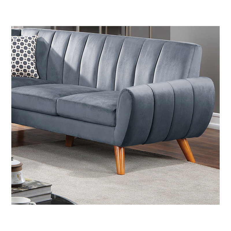 Ensemble canapé d'angle contemporain 2 pièces en velours gris foncé, comprenant un canapé d'angle à gauche et une causeuse d'angle à droite.