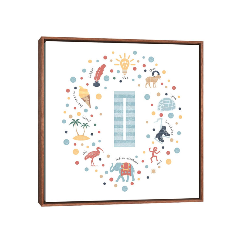 Lettre illustrée I bleue - impression, Pas de tapis, H 26 po x l 26 po x P 1,5 po, Toile avec cadre brun