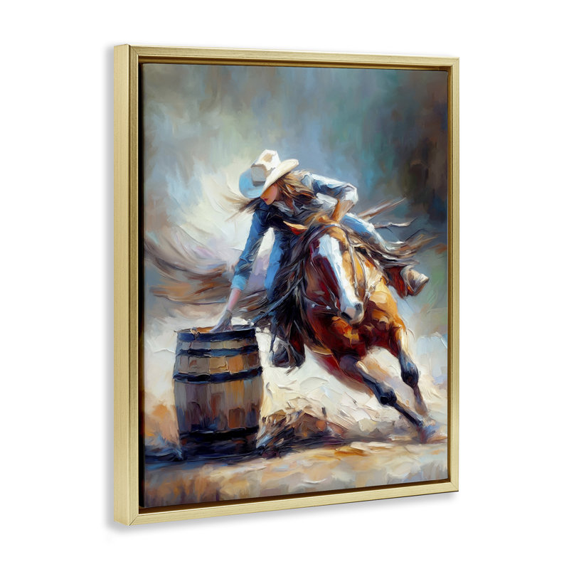 «Barrel Racer Cowgirl», art mural encadré par Ramona Murdock, Cadre flottant métallique doré, H 21 po x l 17 po