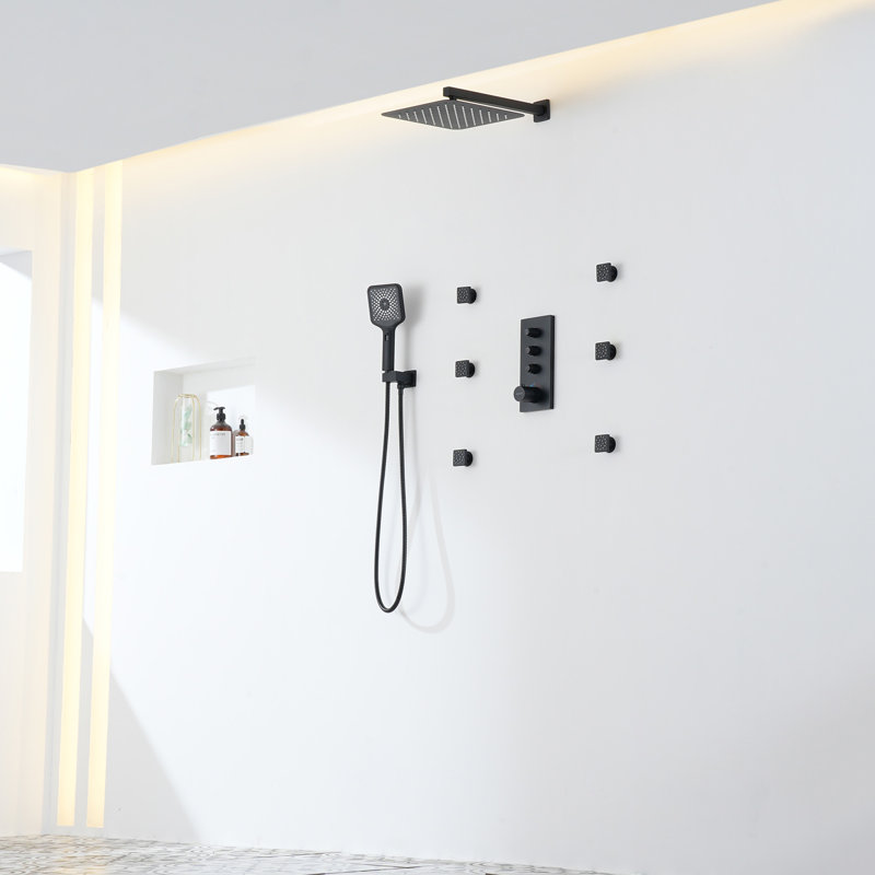 Système de douche thermostatique mural 3 fonctions à 3 fonctions 12 pouces, Noir mat