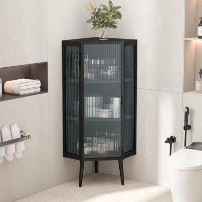 3-Tiers Coner Cabinet Glass Doors and Storage Shelves