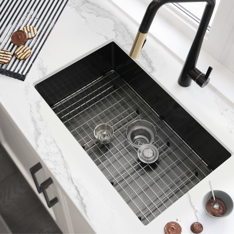 Bright STYLISH 30 inch Single Bowl Undermount Kitchen Sink with Grid and Basket Strainer, Graphite Black