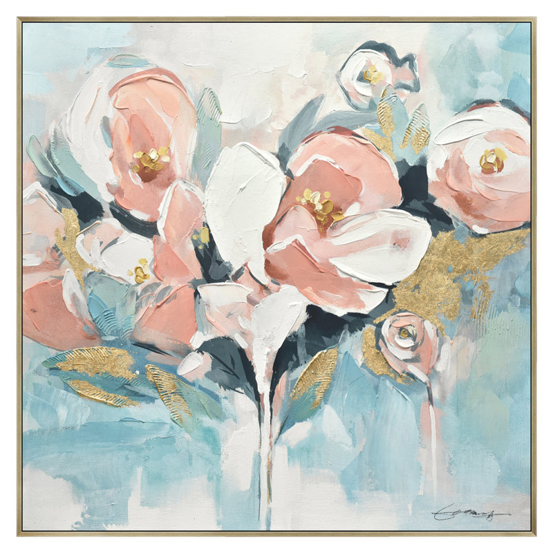Art floral bleu sarcelle et rose sur toile - 35 po x 35 po - cadre champagne doré