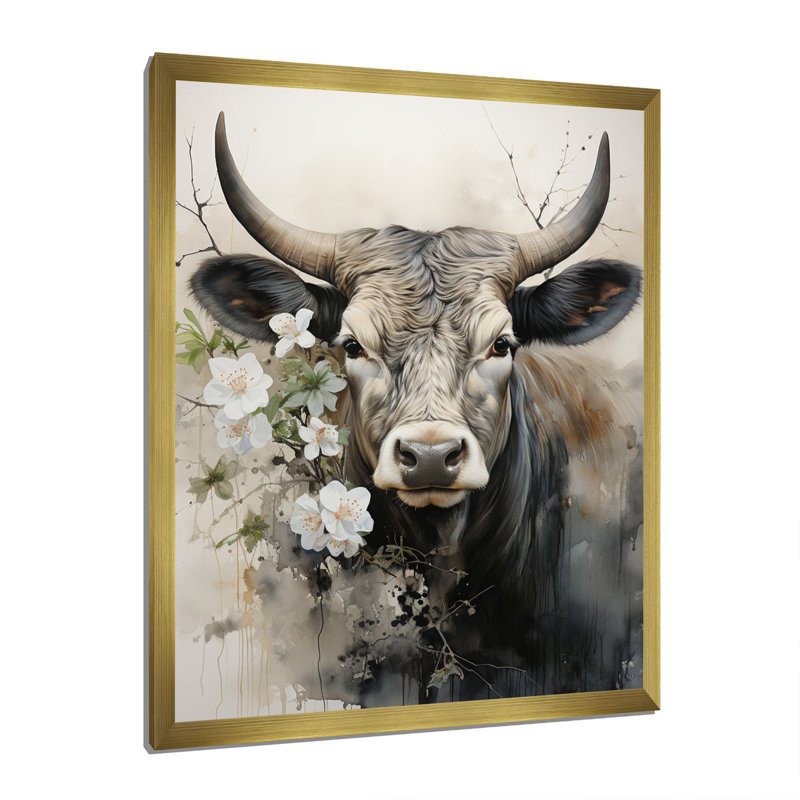 Baylian, art asiatique, vache Sumi X, H 40 po x l 30 po x P 1,5 po, Encadrement doré