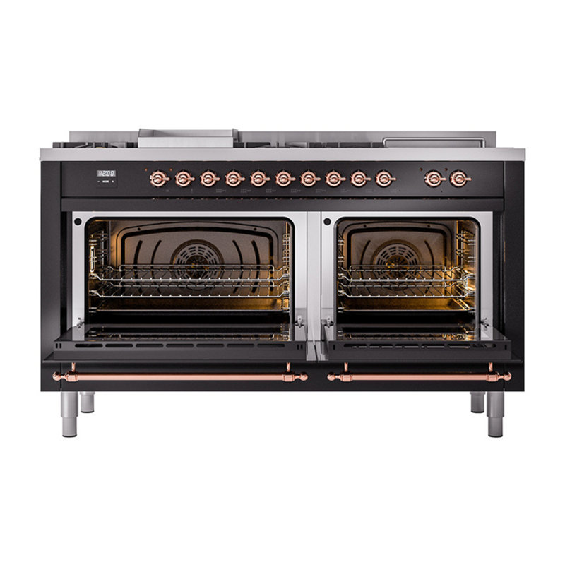 ILVE Nostalgie II Noblesse 60 in Dual Fuel Range 7 Burner, Griddle, Frenchtop, Glossy Black/Copper, Liquid Propane