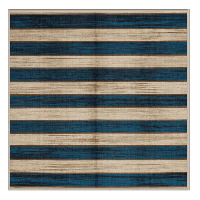 Washable Steel Blue Cream Striped Area Rug
