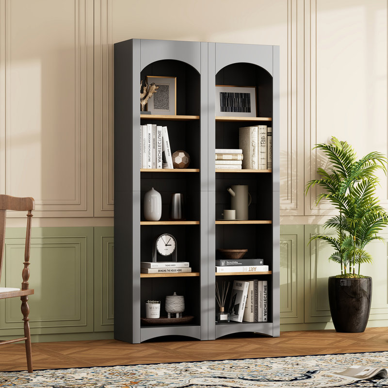 Free Standing 5 Tier Bookshelves, Bookcases Set Of 2, Farmhouse Two-Tone Storage Cabinet With Adjustable Shelves, 72"H Kitchen Pantry Cabinet