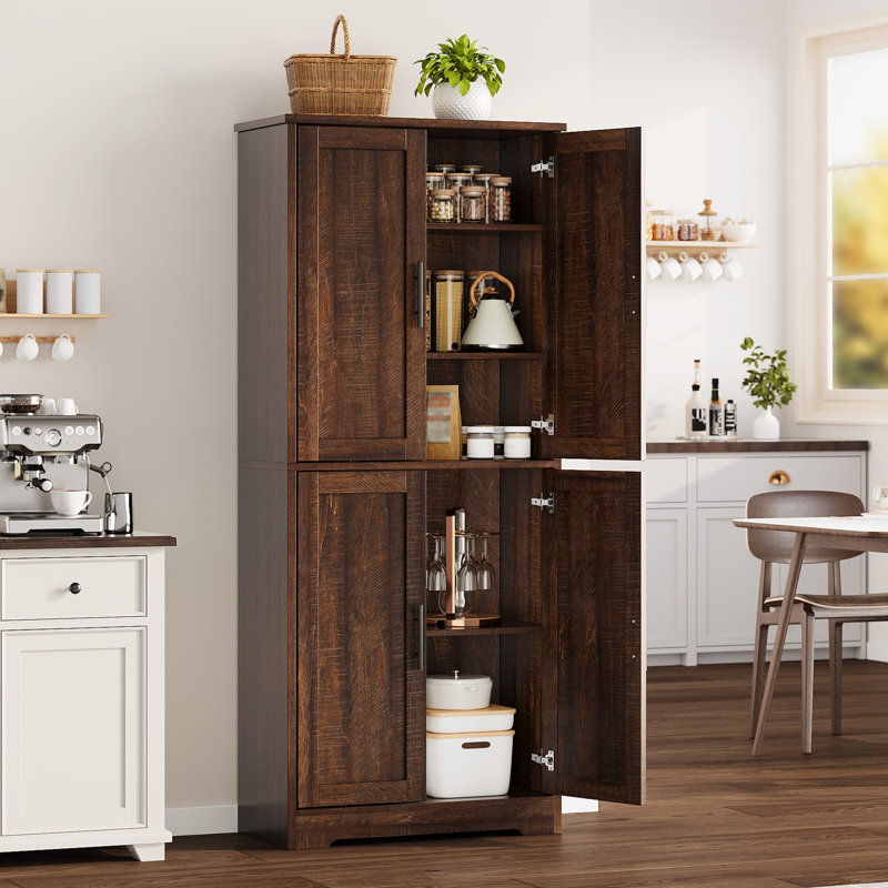 Tall Kitchen Storage Cabinet with 4 Doors – Modern Wooden Sideboard with Adjustable Shelves – Vertical Floor Cupboard for Living Room, Dining Room, Bathroom, Laundry – Wood Grain Finish, Anti-Tip Kit