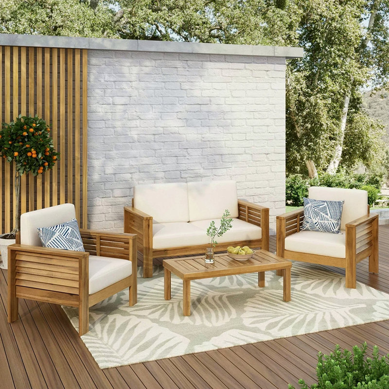 Ensemble de causeuse et table basse en teck et bois d'acacia avec coussins crème, Coussin beige / structure brune