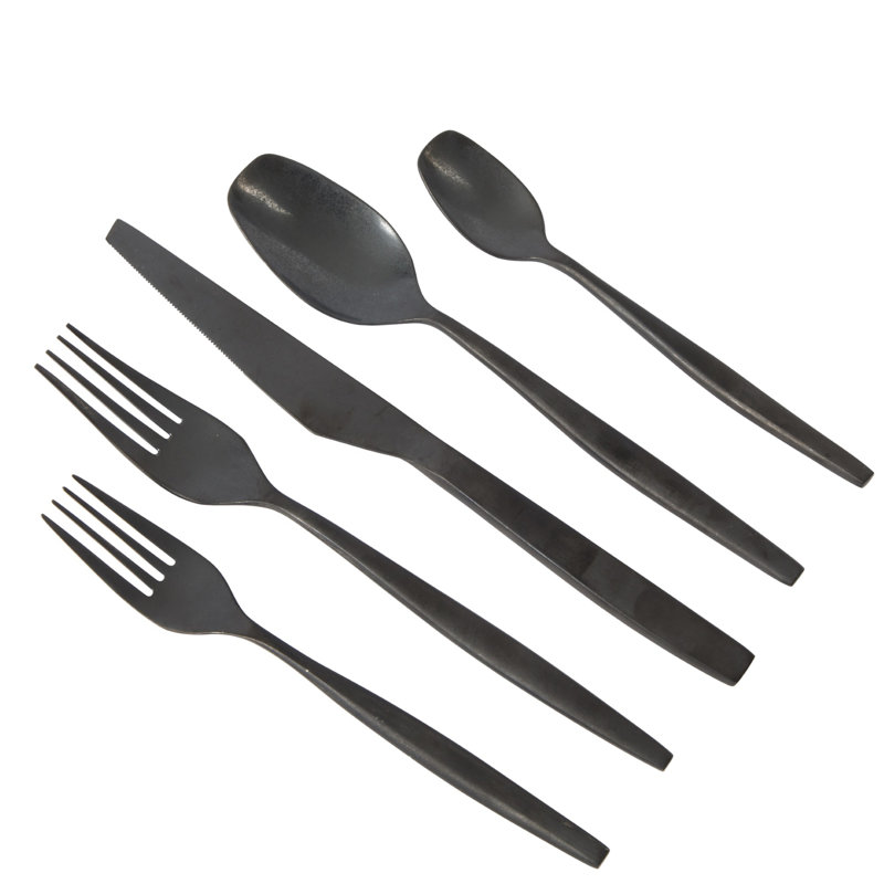 Bloomhouse 20 Piece Stone Washed Flatware 18/10 Stainless Steel Silverware Cutlery Utensil Set With Acacia Wood Caddy , Black
