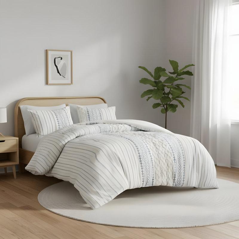 Cotton Printed Comforter 3 Piece Set, White/Navy