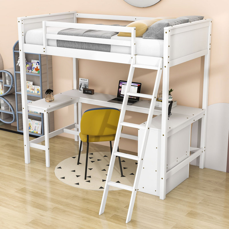 Lit mezzanine simple pour enfants avec tablettes et bureau, Blanc