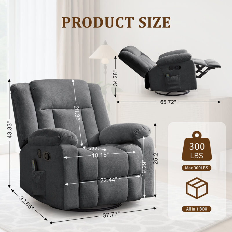 Fauteuil inclinable, fauteuil inclinable berçant avec chaleur et massage, fauteuil inclinable pivotant à 360 ° pour adultes avec poche latérale et ports USB