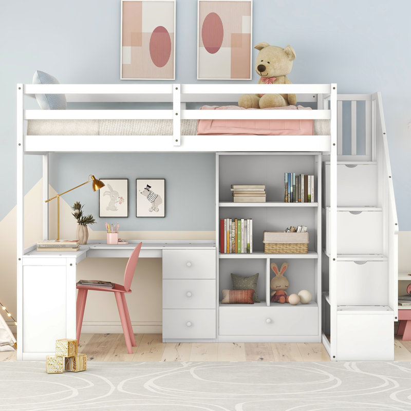 Lit mezzanine simple avec bureau en L et tiroirs, armoire et escalier de rangement, blanc