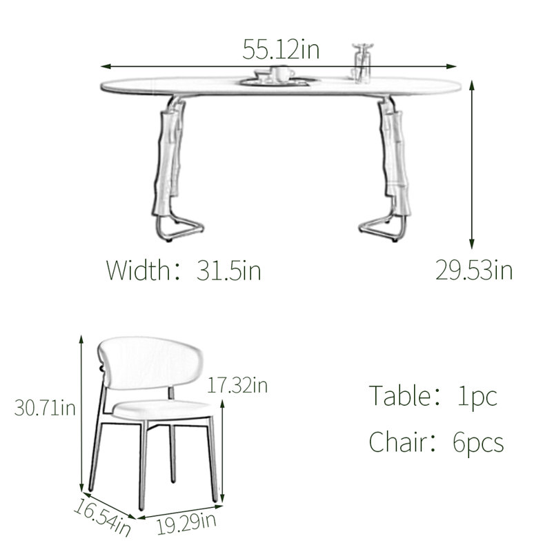 Ensemble de table de salle à manger ovale en pierre frittée, H 29,53 po x L 55,12 po x l 31,5 po