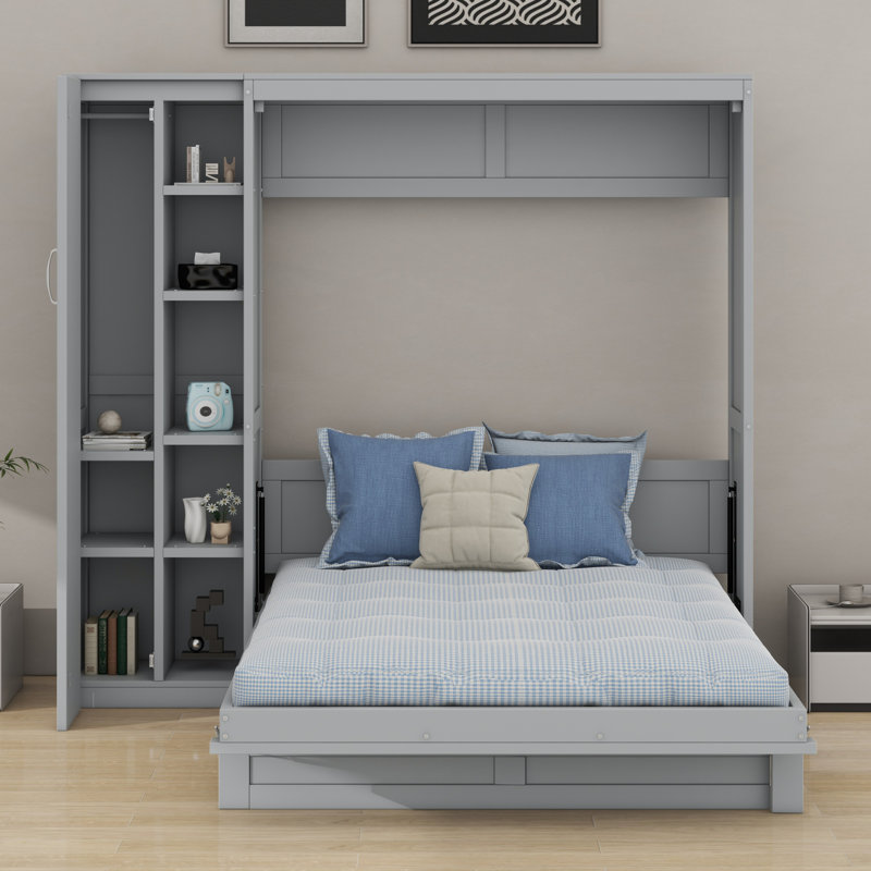 Lit escamotable mural Murphy avec tablettes, garde-robe et lumières DEL, Gris
