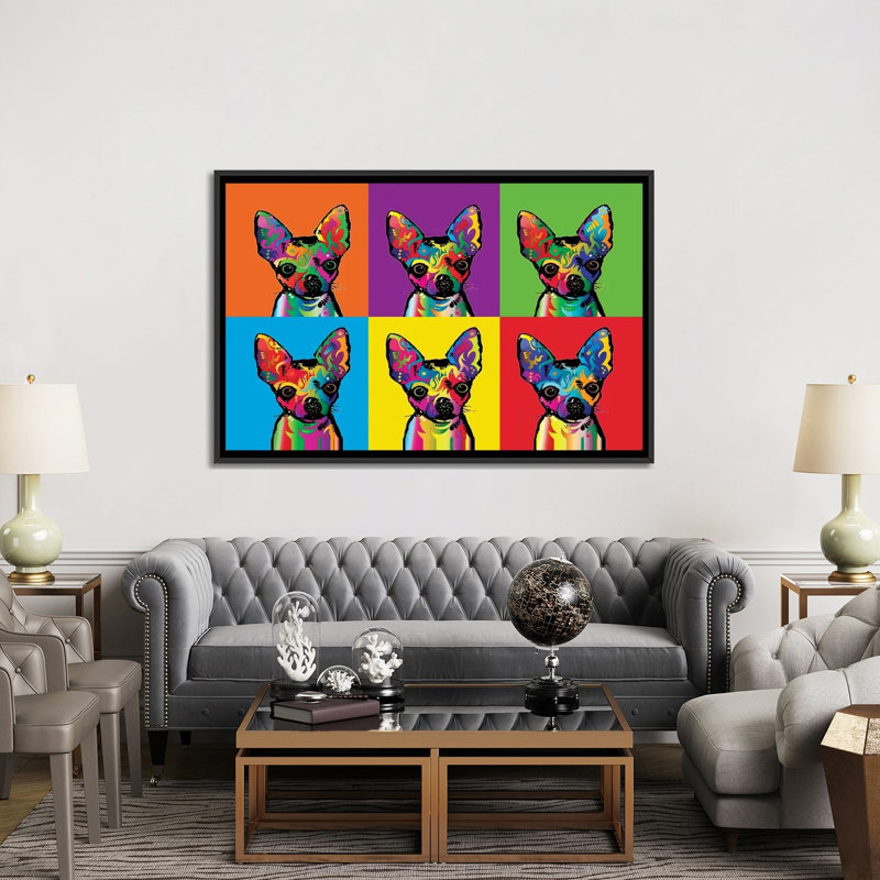 Chihuahua arc-en-ciel, impression sur toile tendue, H 40 po x l 60 po x P 1,5 po, Toile avec cadre noir, Pas de tapis