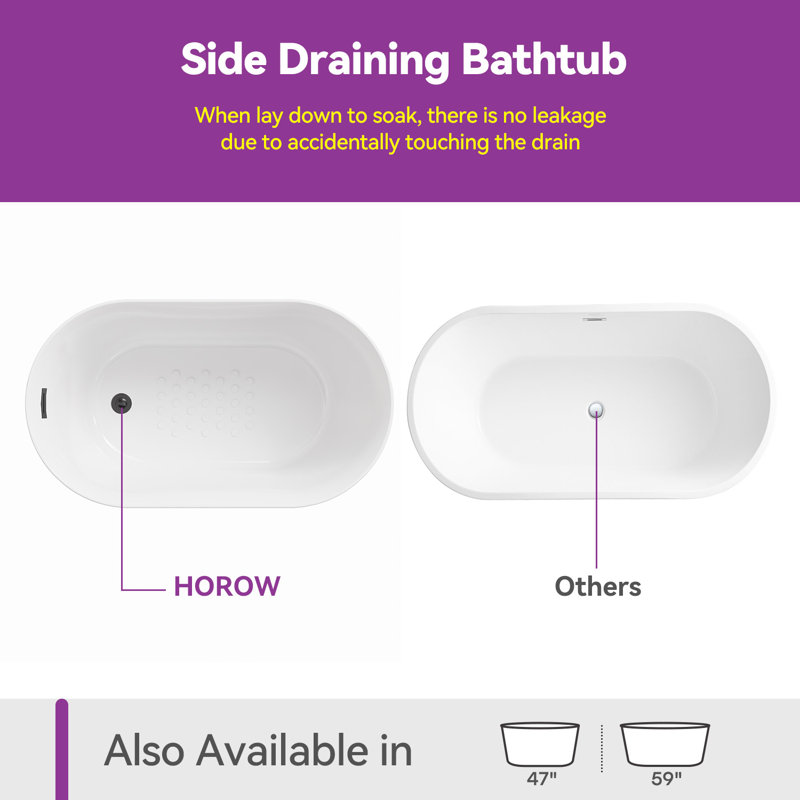  47'' x 27'' Freestanding Soaking Acrylic Bathtub with Side Drain, Matte Black