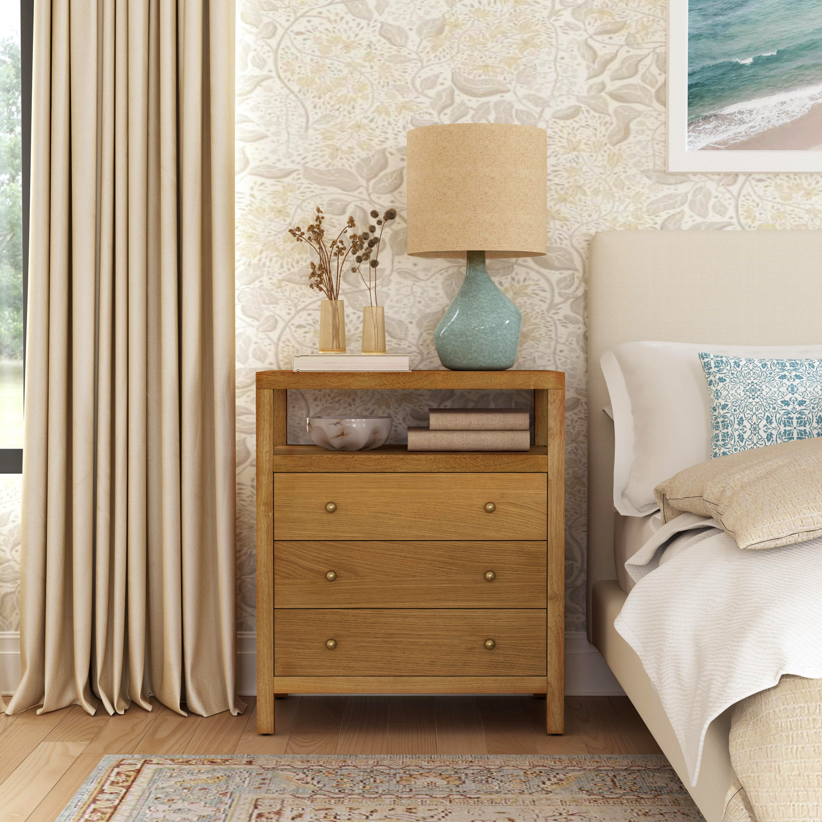 Celine 3-Drawer Acacia Nightstand, Natural