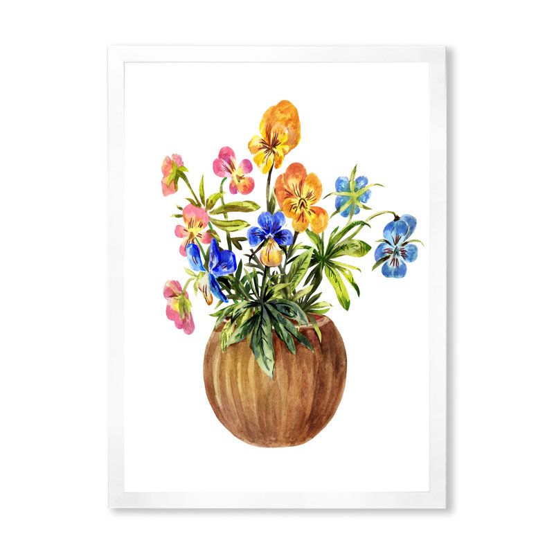 «Brown Pot with Blossoming Pansies», peinture sur toile, Cadre photo blanc, H 32 po x l 16 po x P 1 po