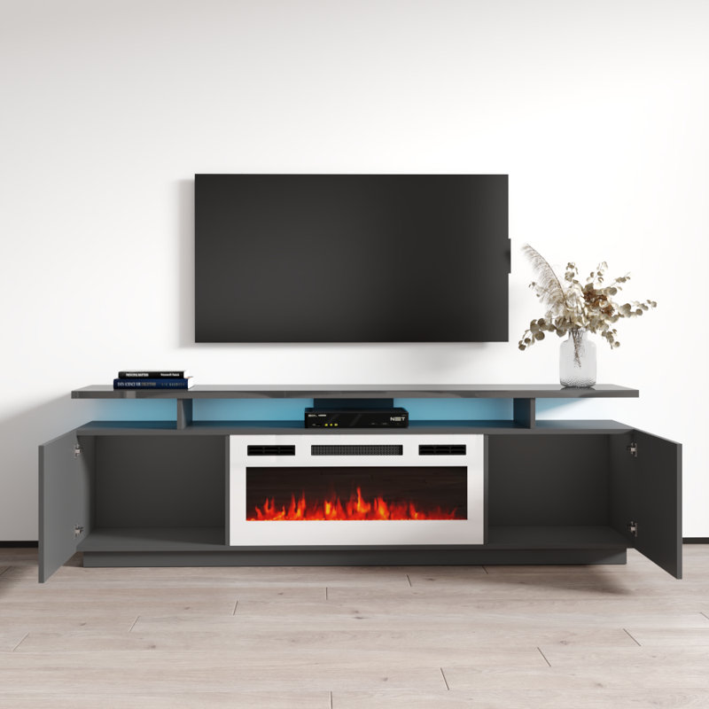 Meuble télé moderne avec foyer électrique 71 po Genoveva, Gris