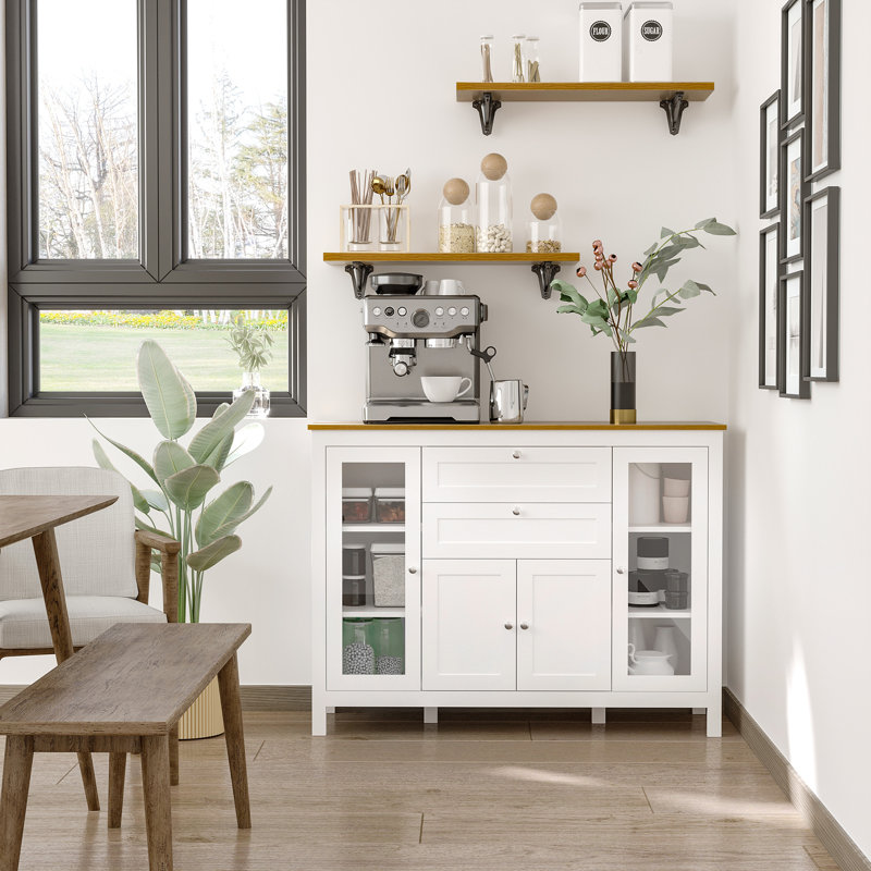 Red Barrel Studio® Modern Buffet Cabinet Sideboard With Storage Cupboard Glass Doors And Adjustable Shelves For Kitchen Living Room Oak White