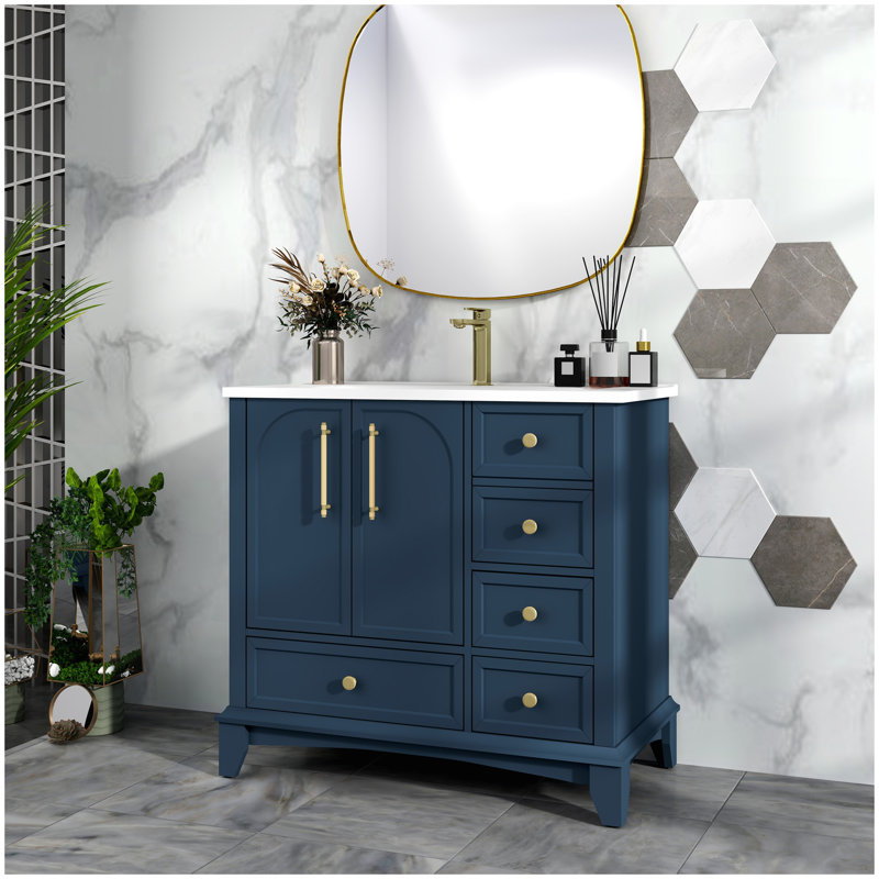 35.6" Modern Bathroom Vanity Sink Combo with Painted Surface, Mid-Century Freestanding Freestanding Bathroom Vanity Sink with Storage, High-end Restroom Vanity Cabinet with Drawers & Metal Handles