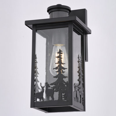 Gyanna 12,25 po Applique murale d'extérieur Dusk To Dawn 1 lumière H noir mat à capteur de mouvement rustique, acier durable, abat-jour en verre bullé transparent, à utiliser pour la porte d'entrée ou de garage du porche extérieur