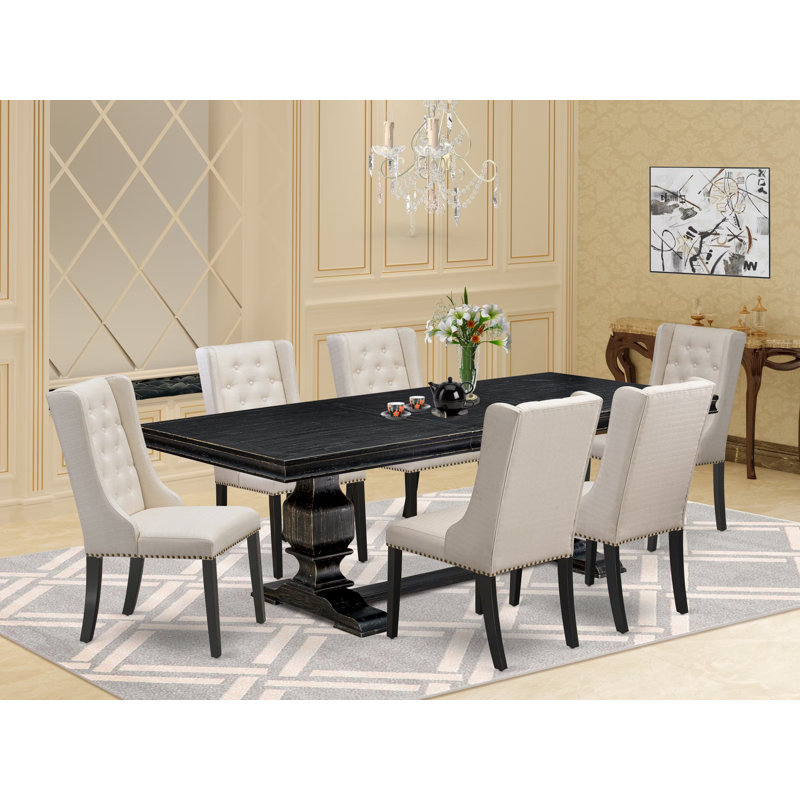 7-piece dining room set includes a breakfast table and 6 Cream Linen Fabric parson chairs with Button Tufted Chair Back - Sand Blasting Black.