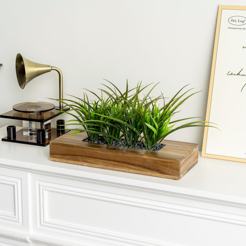 23.11cm Faux Grass in Solid Wood Pot
