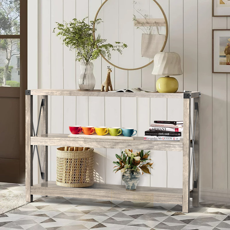 Darletha Console Table with 3-Tier Storage Shelves, Wash Gray, 31.5" H x 43.3" W x 11.8" D