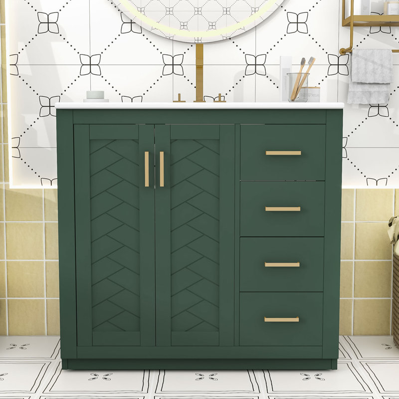 Meuble-lavabo en bois avec lavabo, rangement spacieux, tiroirs à fermeture en douceur, Vert