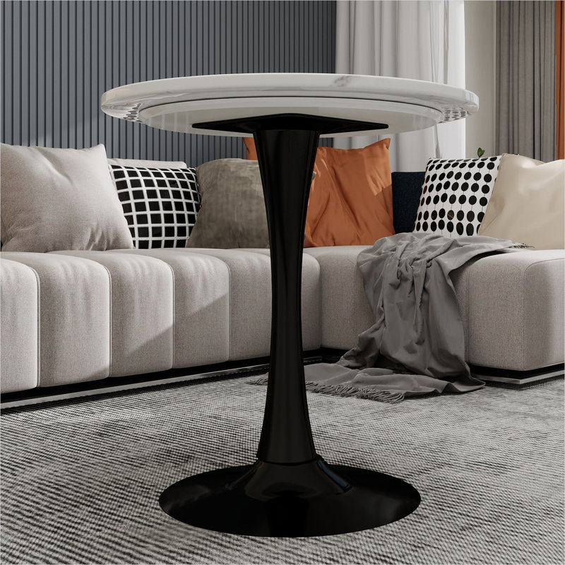 Table de salle à manger ronde d'aspect marbre avec base piédestal noire classique, 27,6 pouces, sièges 2 à 4, plateau blanc, style minimaliste moderne
