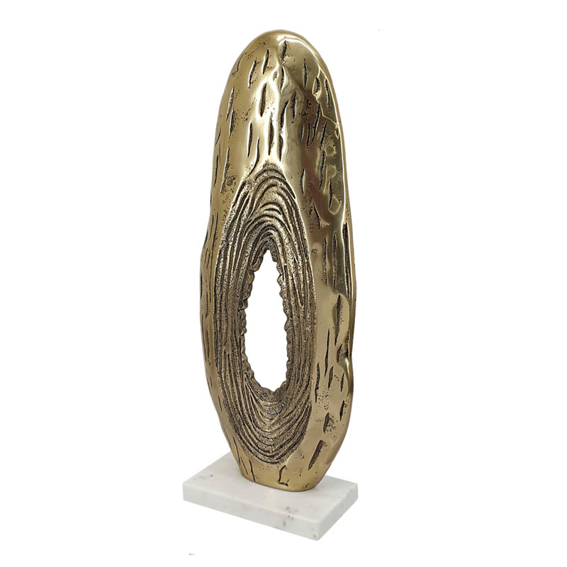 Abstract Aluminum Ring Sculpture on Marble Base  - 8x4x21" - Gold/White