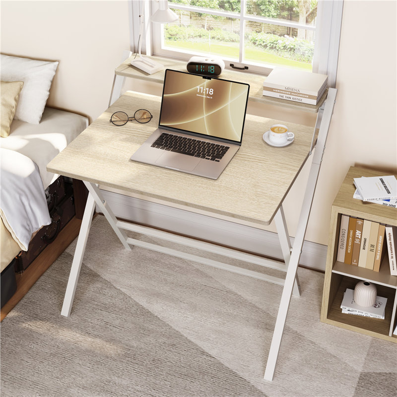 2-Tier Foldable Computer Desk, Light Natural/White, 90cm. H x 86.5cm. W x 60.5cm. D