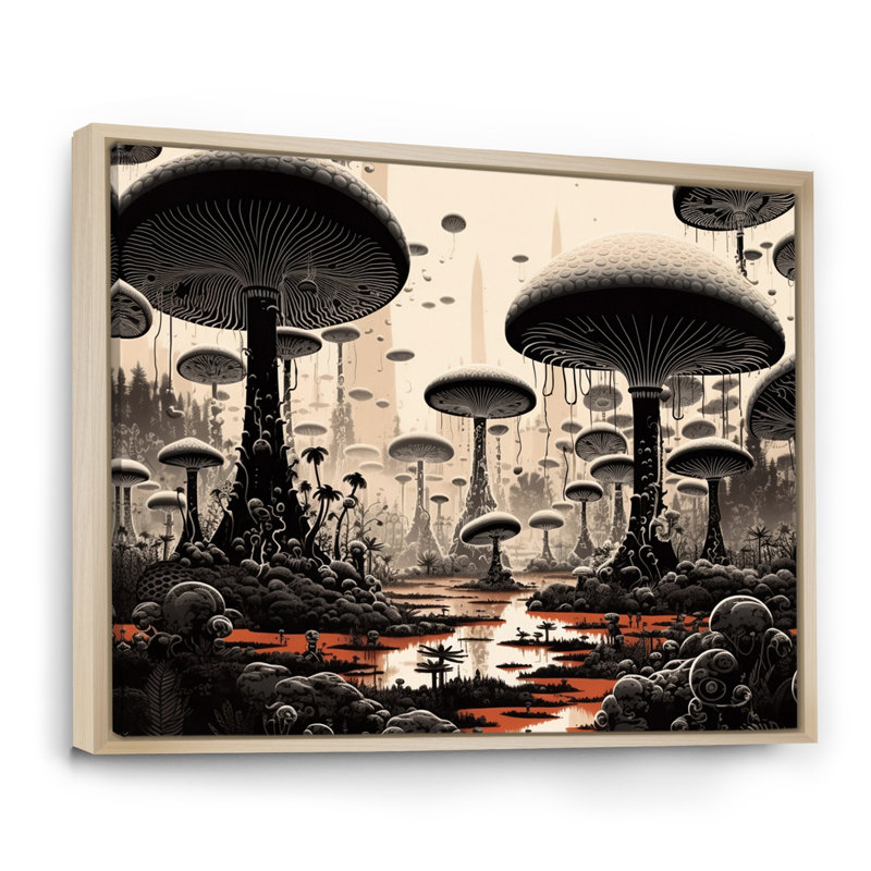 Énigmatiques champignons magiques en noir et blanc I, H 34 po x l 44 po x P 1,5 po, Cadre naturel flottant
