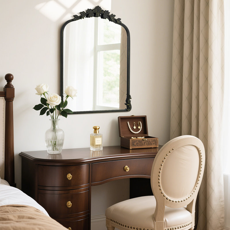 Vintage Metal Wall Mirror – Ornate Antique Vanity Mirror with Iron Frame, 30” x 22”, Black