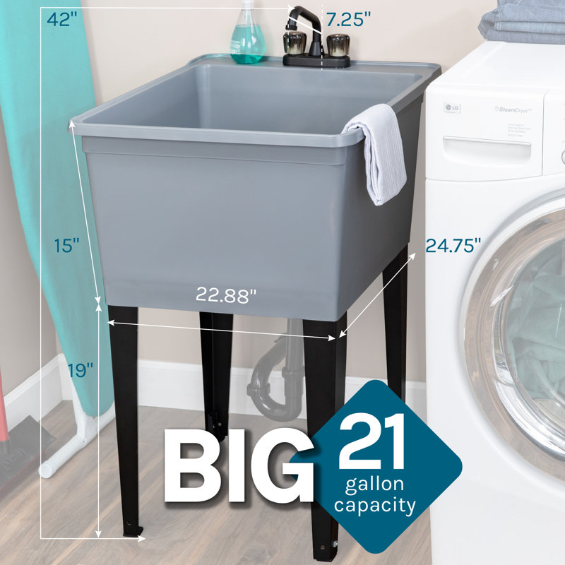 22.88'' L x 24.75'' W Freestanding Laundry Sink with Faucet, Matte Black, Gray