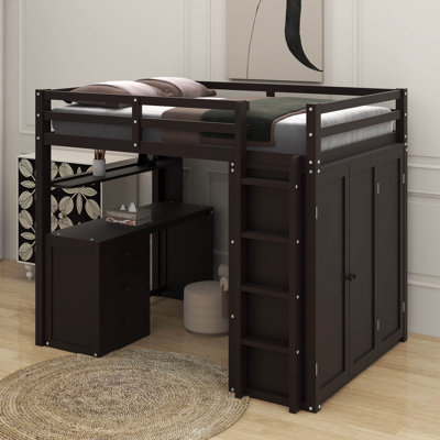 Lit mezzanine double avec tiroirs, bureau et garde-robe