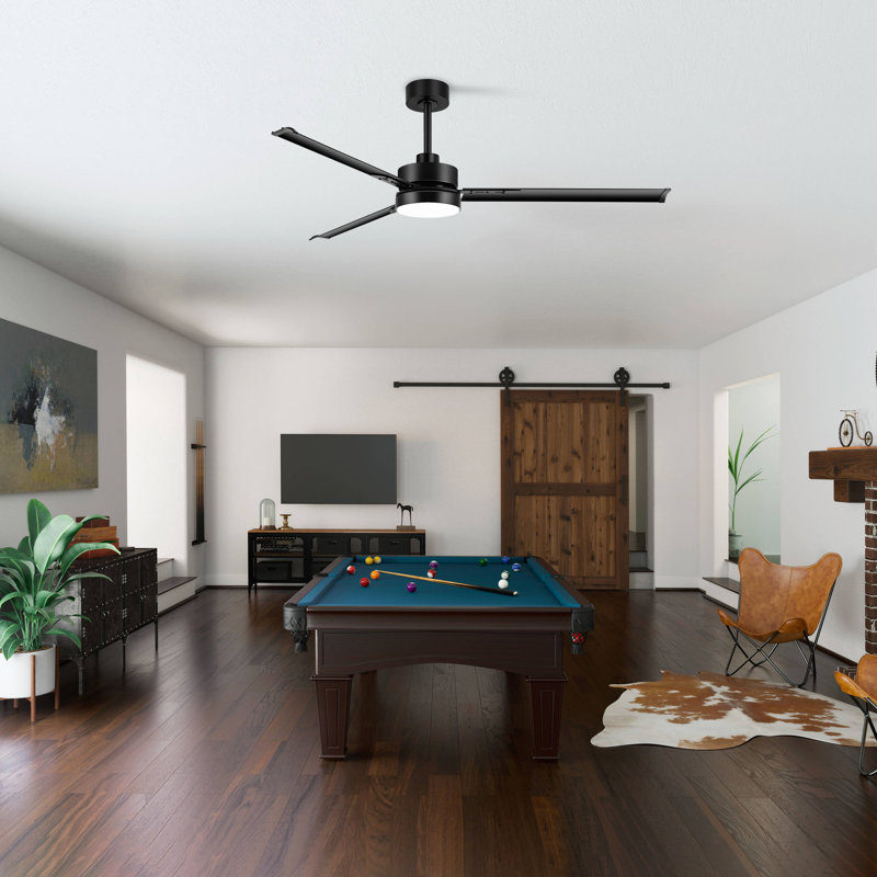 Chaffins Large Matte Black Indoor/Covered Outdoor Ceiling Fan with Light and Remote, 3 Aluminum Blades, 6-Speed Quiet DC Motor, LED Tri-Color Temperature, Memory Function, Timer, 6''/12'' Downrods