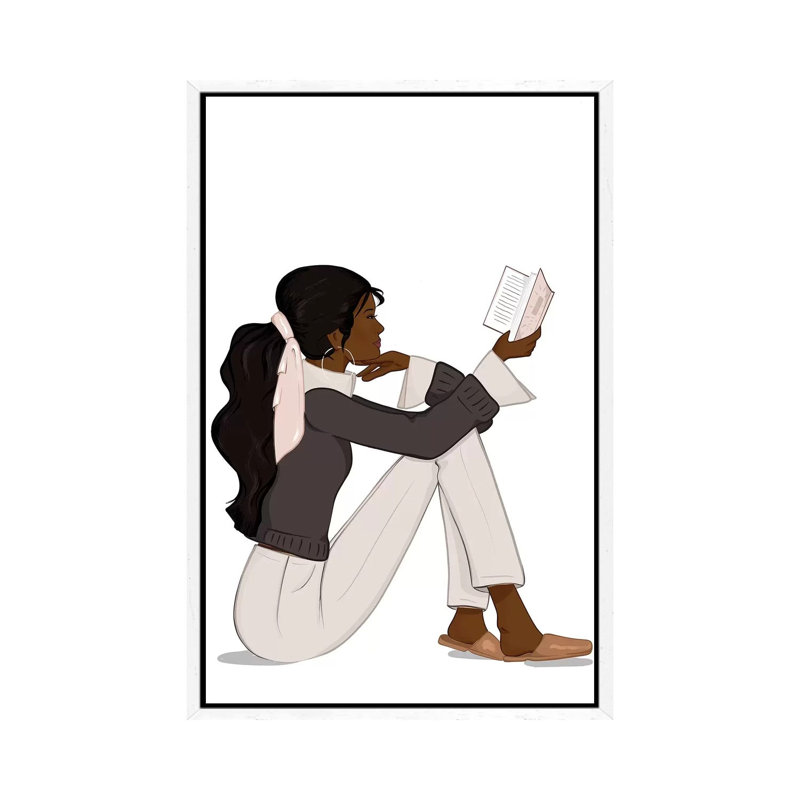 Bookworm Chic, Dark-Skinned, Black Hair by Sabina Fenn - Print on Canvas, White Framed, 152.5 cm H x 101.5 cm W