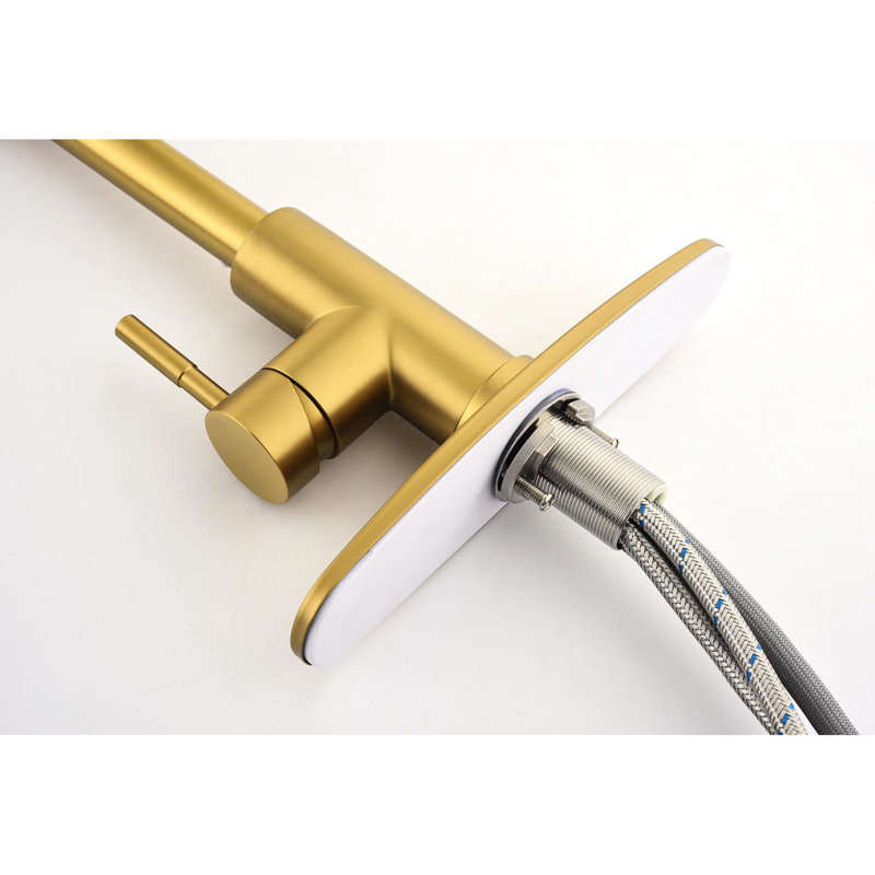 Pull Down Spring Loaded Kitchen Faucet In Brushed Gold, Stainless Steel, 360 Rotating Nozzle, Dual Water Output Settings For Various Purposes Gold Pull-Down Faucet, Stream And Spray Options, Easy