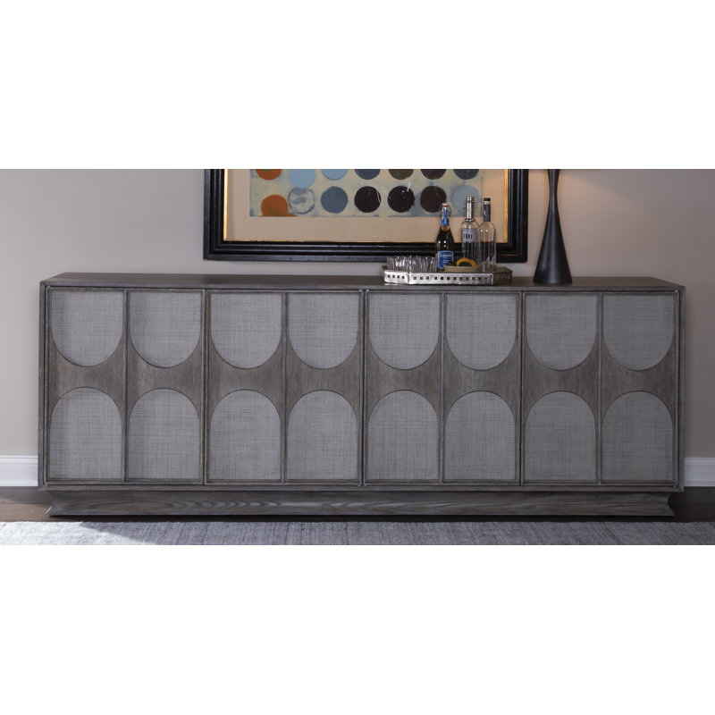Mid-Century Modern Grey Oak Long Media Console with Raffia Accents
