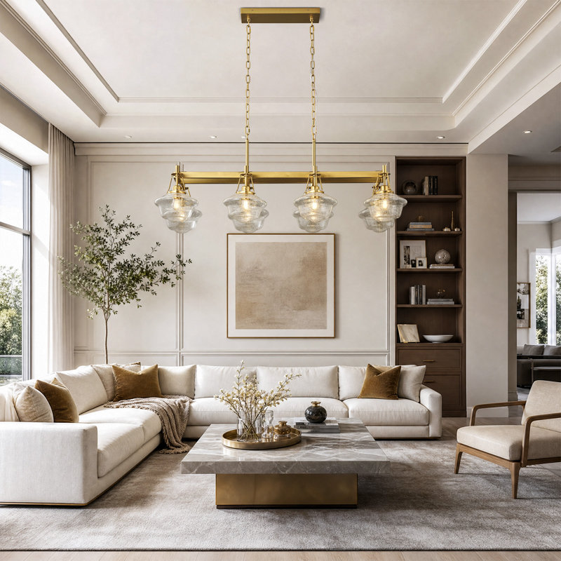 Lustre linéaire à 8 lumières avec abat-jour en verre, chaîne lumineuse suspendue à finition cuivre pour la salle à manger, le salon et le vestibule, ampoules DEL E26 incluses