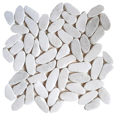 CNK Tile Milky White Sliced Oval Ellipse Mini Pebble Tile Natural Stone Mesh-Backed For Bathroom Kitchen Living Pool Wall Decor - 12" X 12"