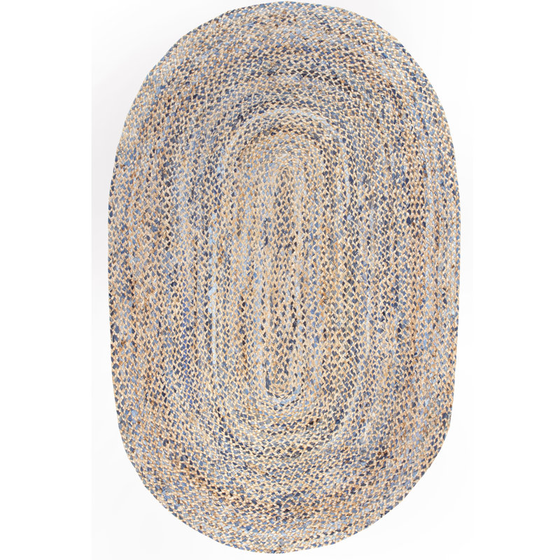 Destrie Handmade Braided Denim and Jute Blue/Beige Rug, Oval 5' x 8'